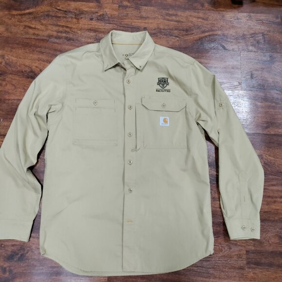 Carharrt Force Khaki Embroidered Logo Pockets Long Sleeve Button-Up Shirt Size M - Picture 2 of 15